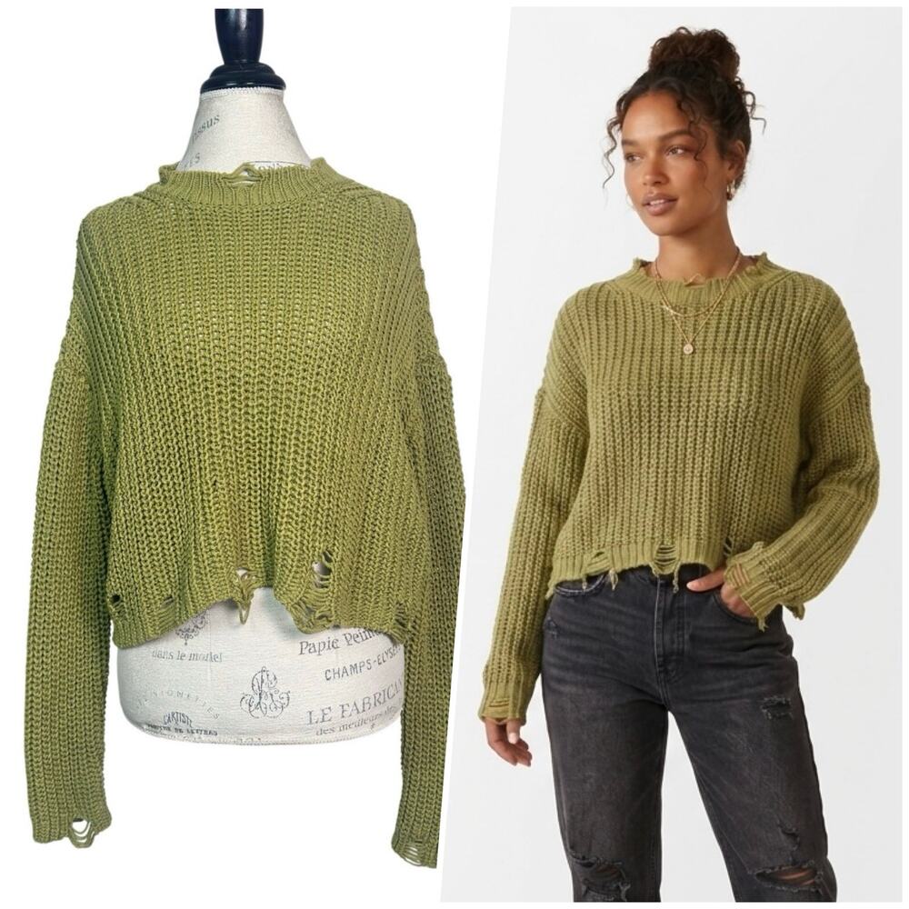 Zara | Women | Chartreuse Green Cropped Distressed Chunky Knit Sweater | Small